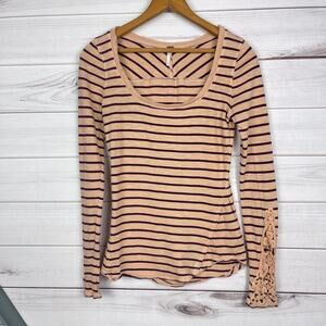 Free People Hard Candy Striped Henley Crochet Cuff Scoop Neck Long Sleeve Top XS